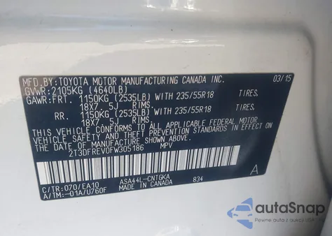 2015 Toyota Rav4 Limited z USA, uszkodzony, nr VIN 2T3DFREV0FW305186